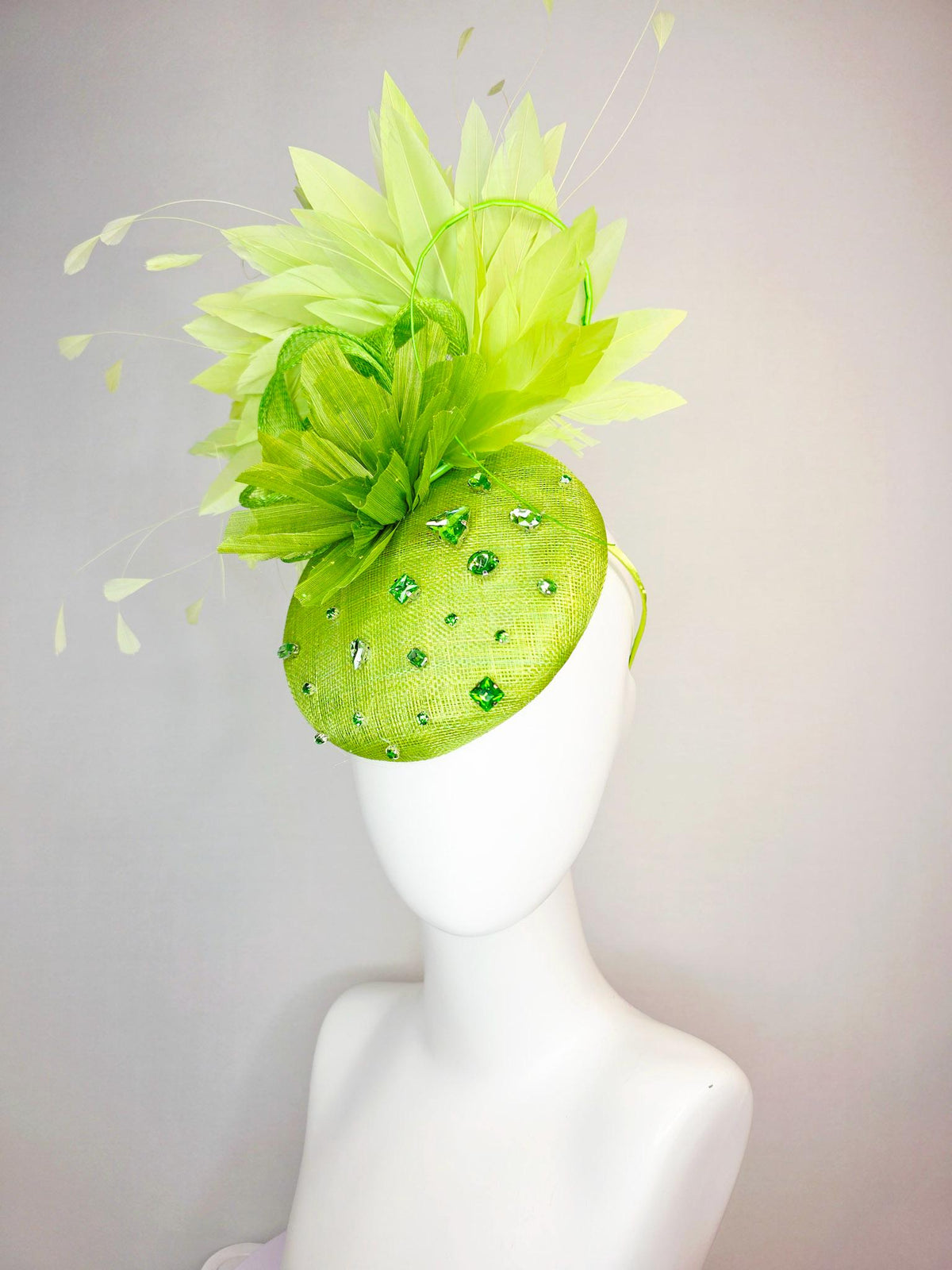 kentucky derby hat fascinator lime green sinamay with green crystal rhinestone jewels lime green flower chartreuse light green feathers