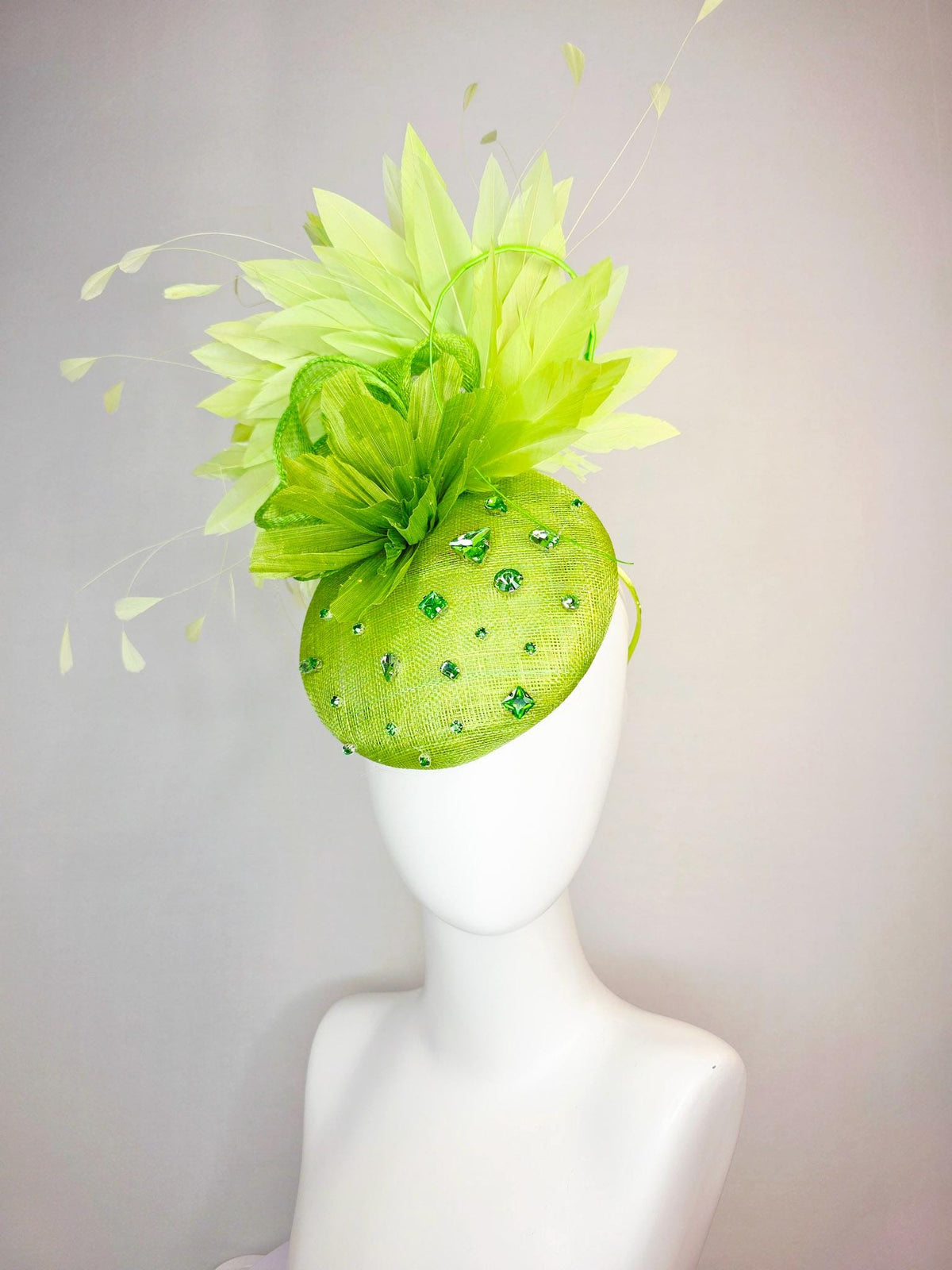 kentucky derby hat fascinator lime green sinamay with green crystal rhinestone jewels lime green flower chartreuse light green feathers