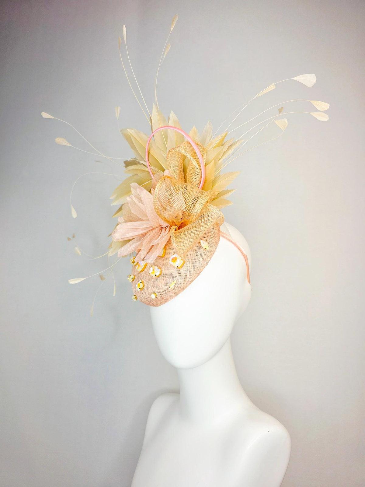 kentucky derby hat fascinator champagne pink sinamay with iridescent beige crystal rhinestone jewels light peach flower tan beige feathers