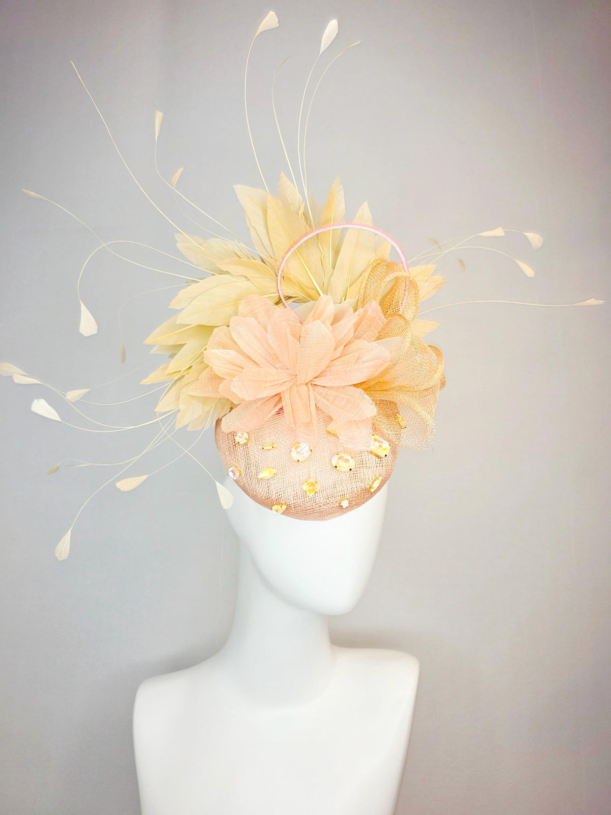 kentucky derby hat fascinator champagne pink sinamay with iridescent beige crystal rhinestone jewels light peach flower tan beige feathers