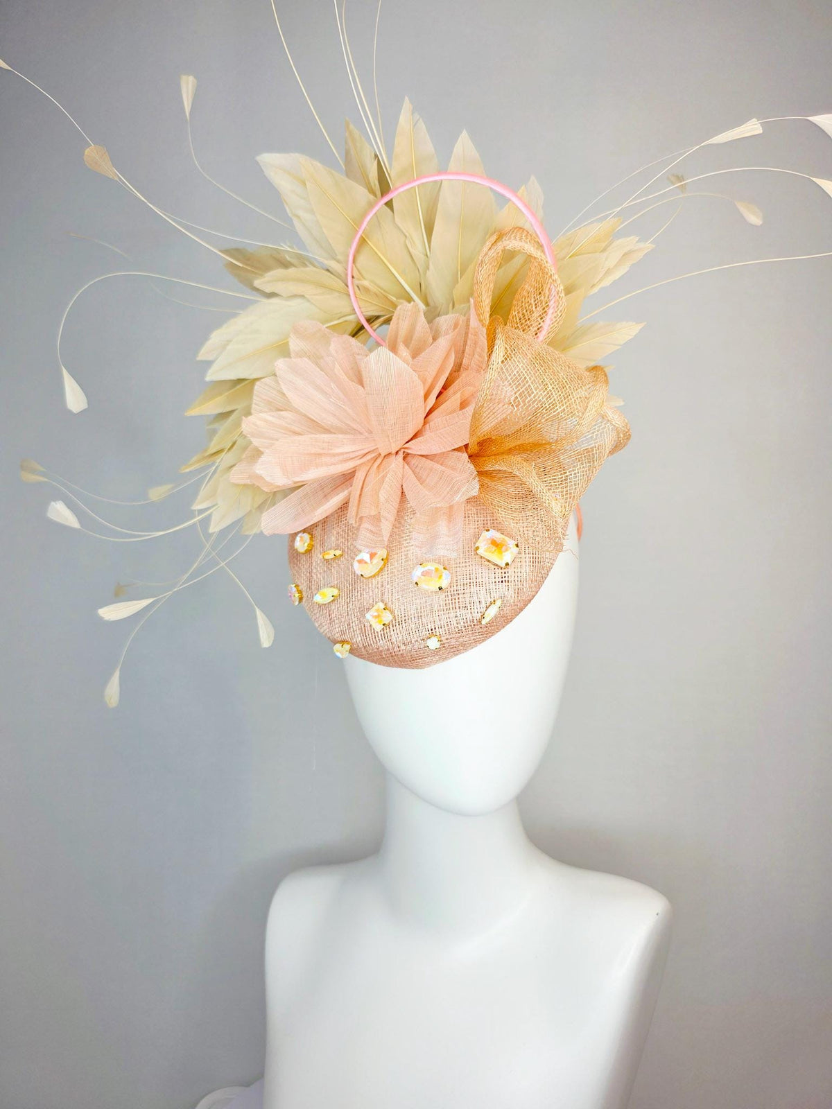 kentucky derby hat fascinator champagne pink sinamay with iridescent beige crystal rhinestone jewels light peach flower tan beige feathers