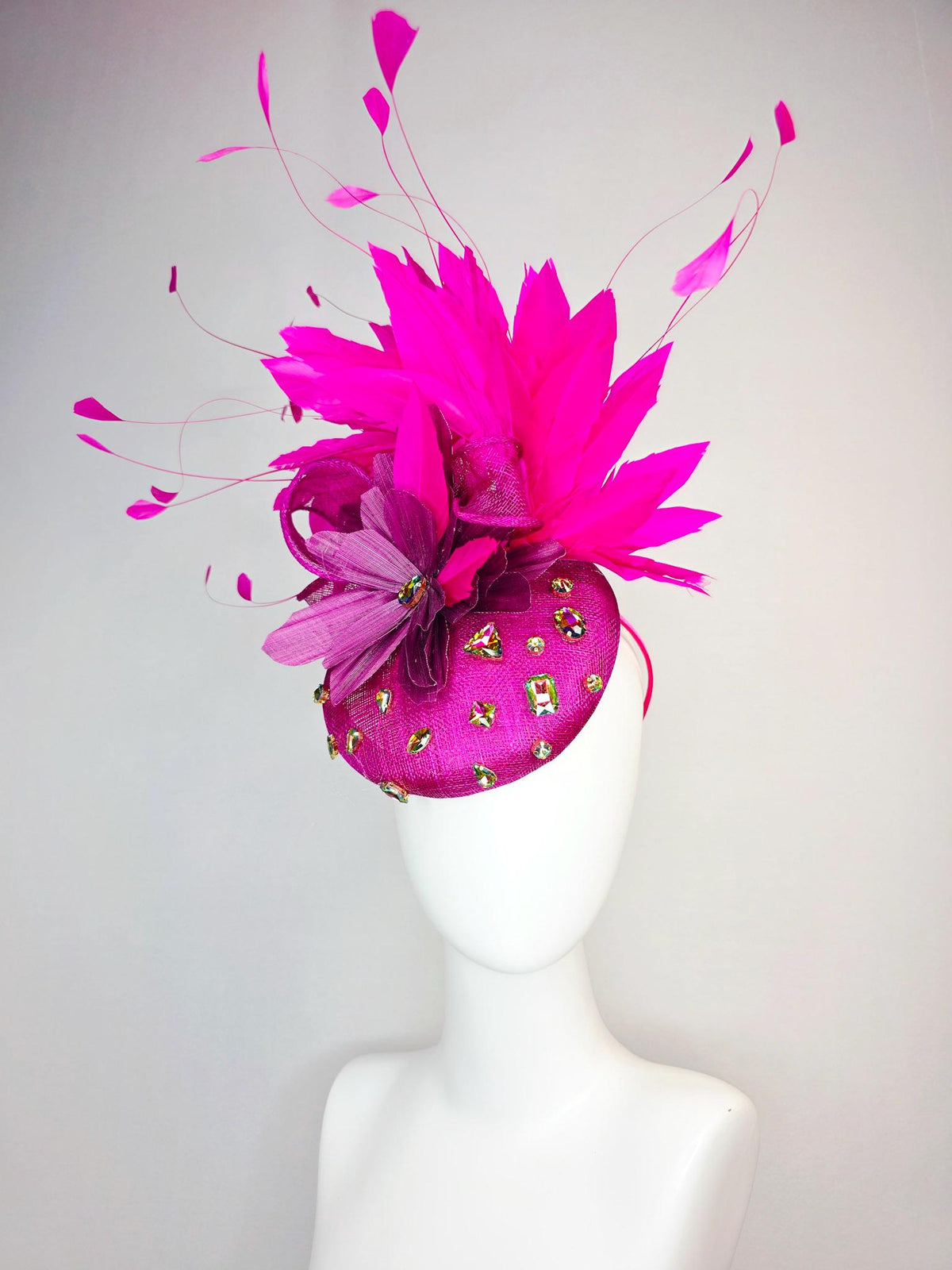 kentucky derby hat fascinator magenta pink sinamay with bow iridescent crystal rhinestone jewels magenta purple flower fuchsia pink feathers