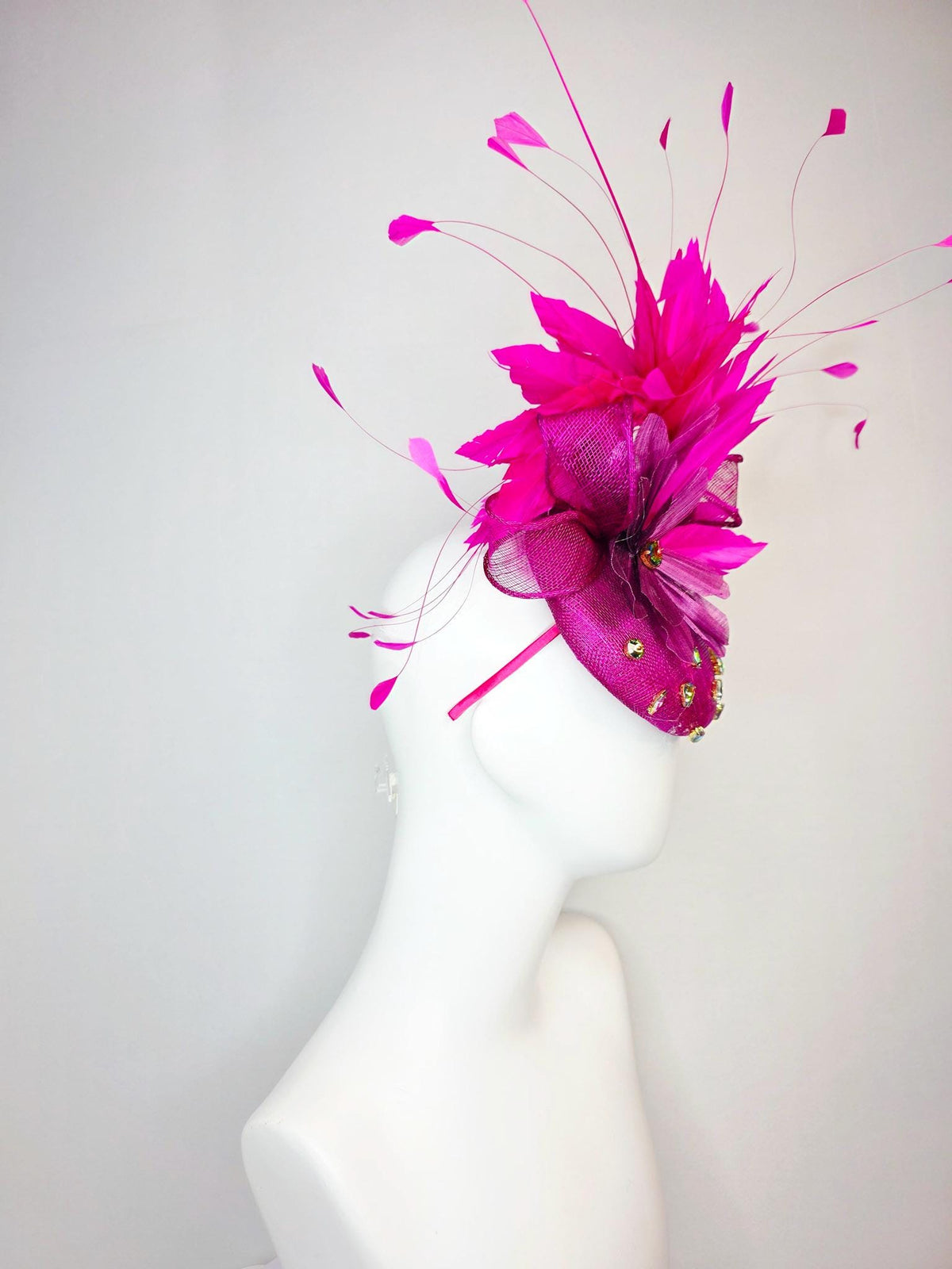 kentucky derby hat fascinator magenta pink sinamay with bow iridescent crystal rhinestone jewels magenta purple flower fuchsia pink feathers