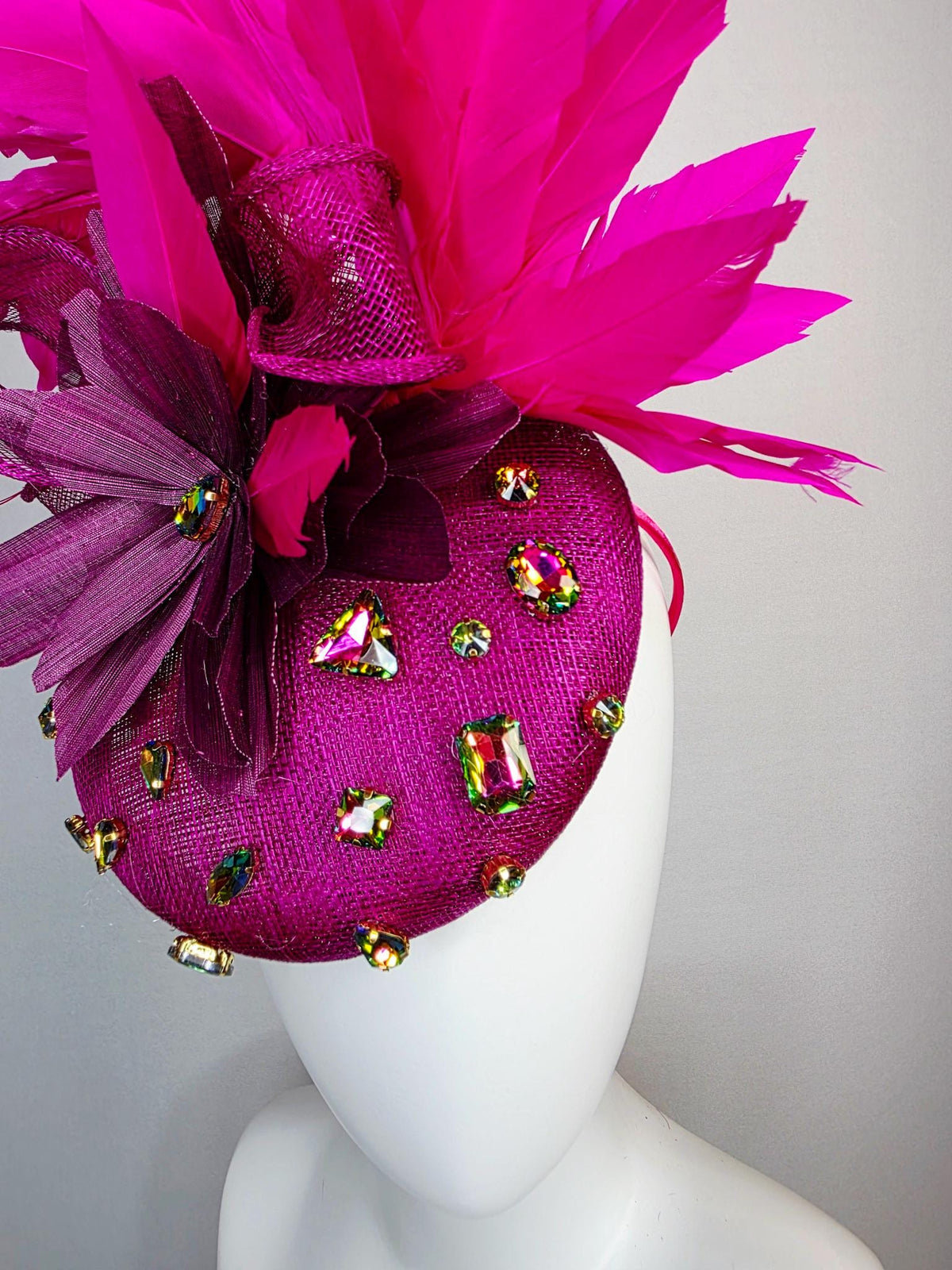 kentucky derby hat fascinator magenta pink sinamay with bow iridescent crystal rhinestone jewels magenta purple flower fuchsia pink feathers
