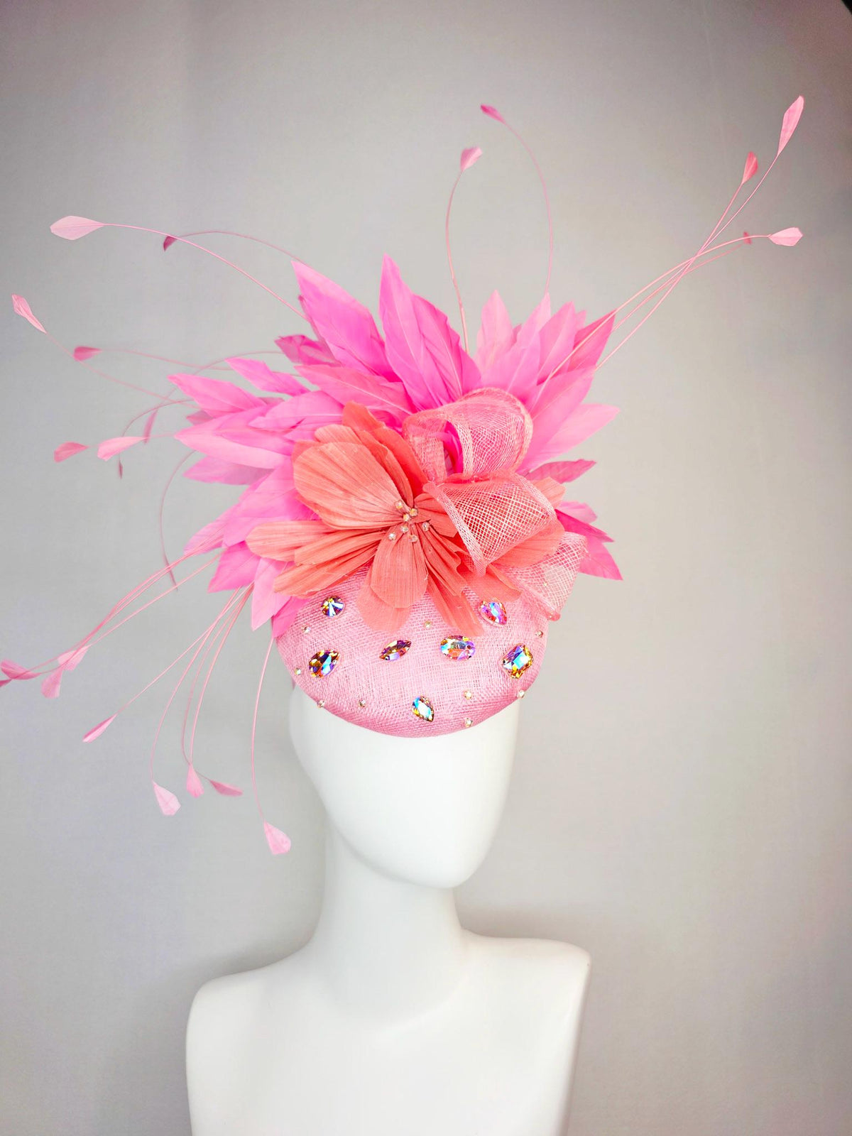 kentucky derby hat fascinator light pink sinamay iridescent pink crystal rhinestone jewels light pink bow peach orange blush pink feathers
