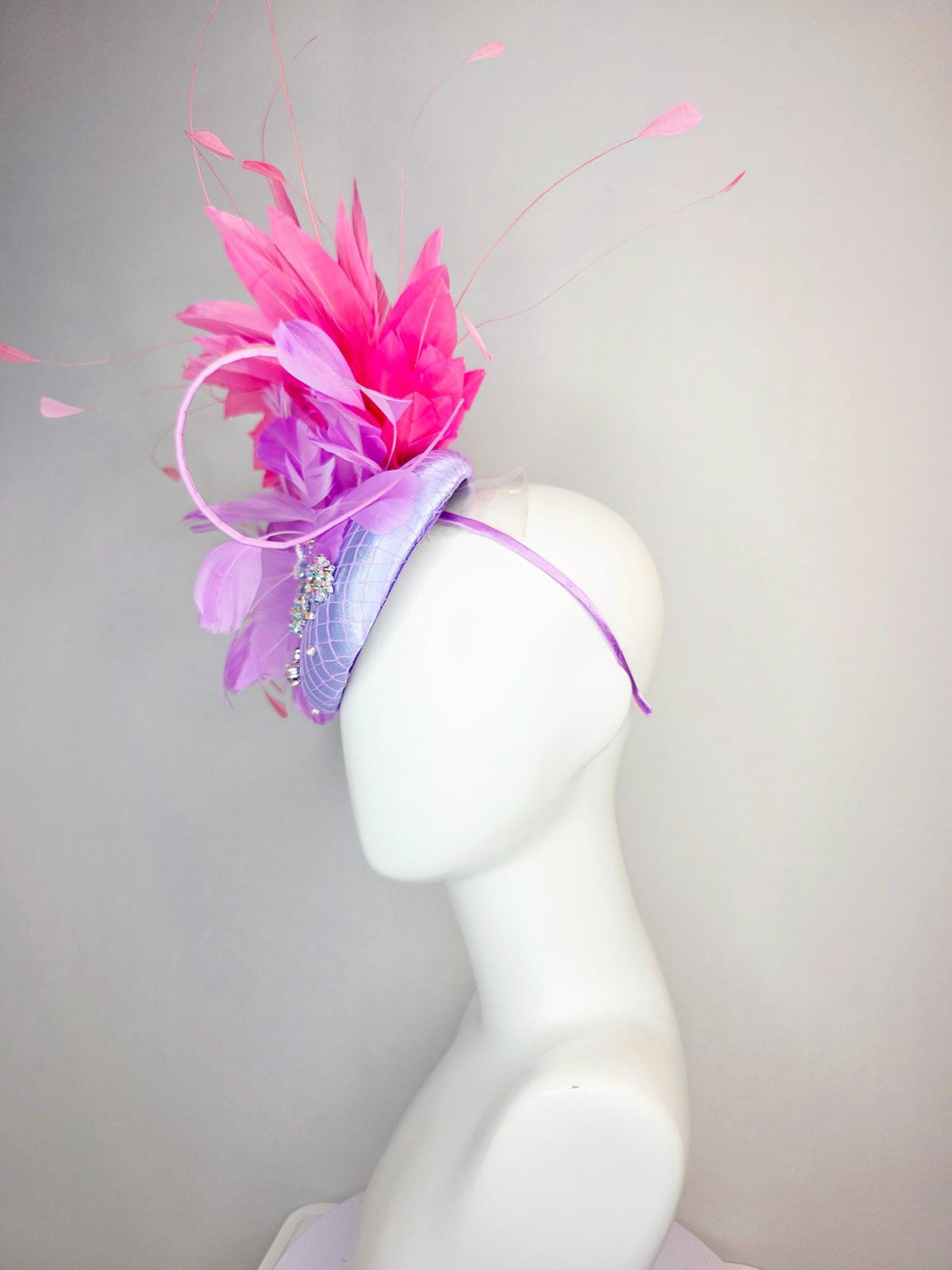 kentucky derby hat fascinator lavender purple satin with netting iridescent crystal rhinestone jewels lilac purple and pink fluffy feathers