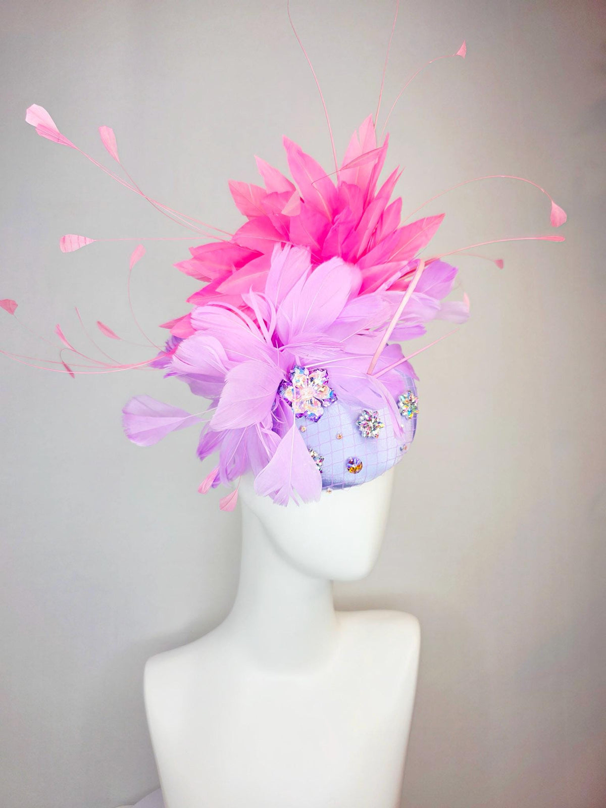 kentucky derby hat fascinator lavender purple satin with netting iridescent crystal rhinestone jewels lilac purple and pink fluffy feathers