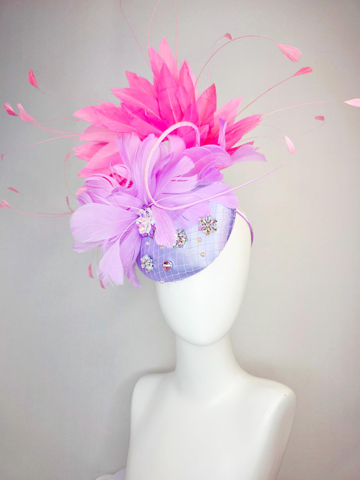 kentucky derby hat fascinator lavender purple satin with netting iridescent crystal rhinestone jewels lilac purple and pink fluffy feathers