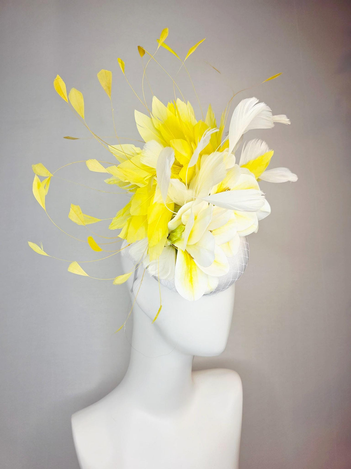kentucky derby hat fascinator white satin with netting yellow white satin flowers crystal rhinestone center yellow white branching feathers