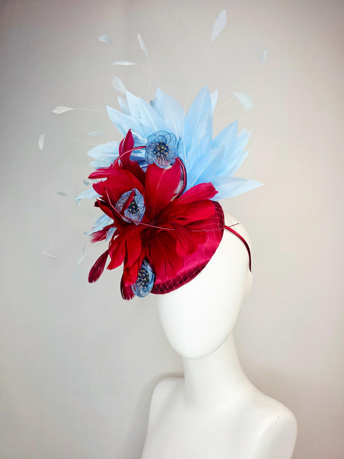 kentucky derby hat fascinator wine red satin with netting scarlet red sky blue branching feathers blue organza flowers rhinestone center