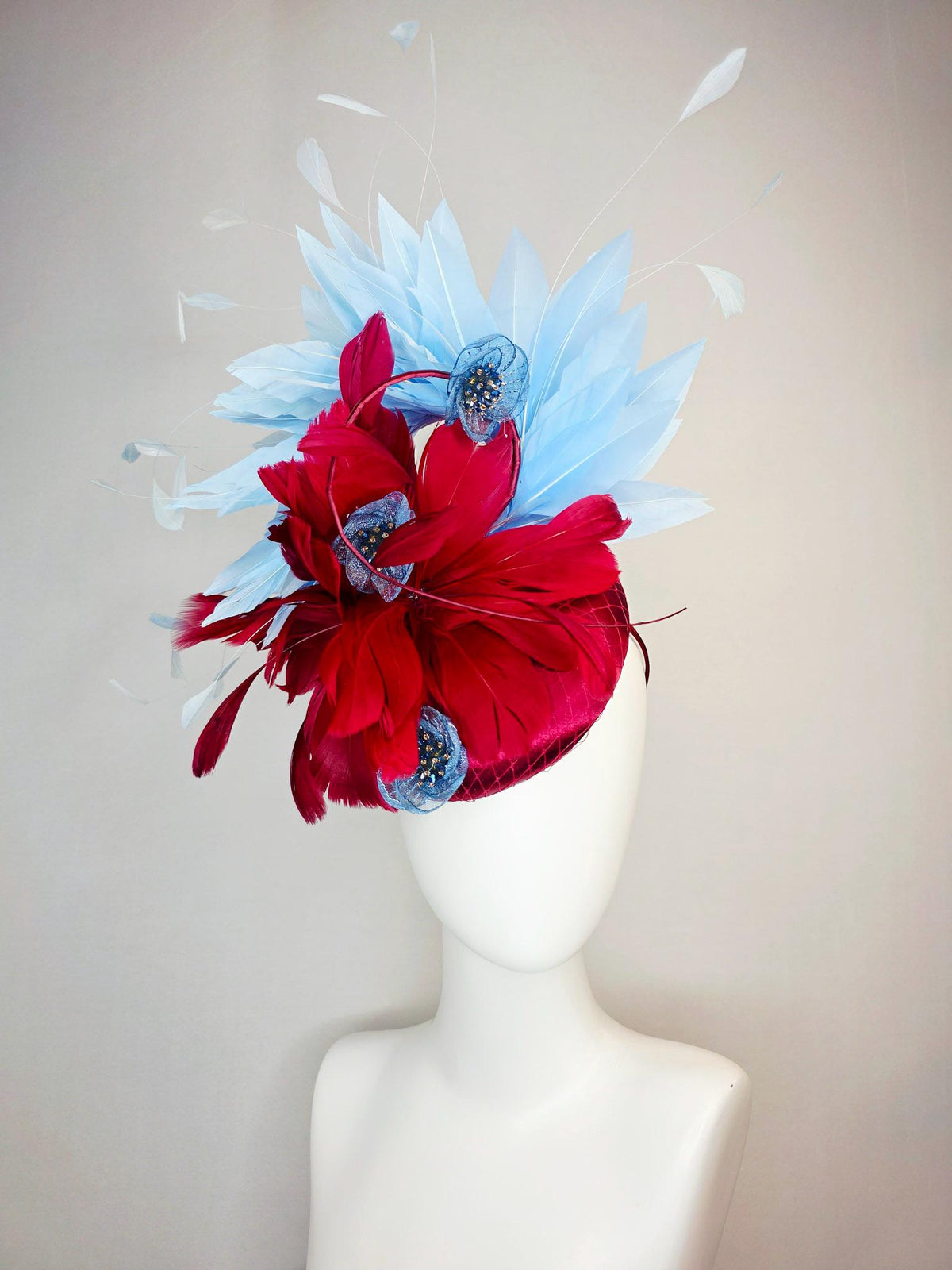 kentucky derby hat fascinator wine red satin with netting scarlet red sky blue branching feathers blue organza flowers rhinestone center