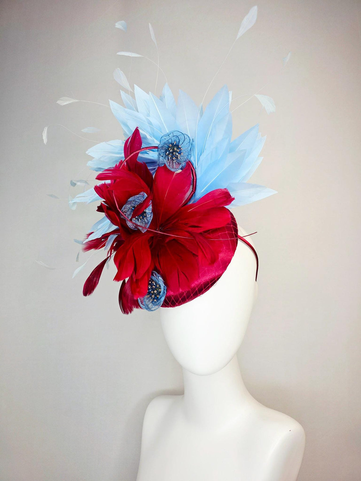 kentucky derby hat fascinator wine red satin with netting scarlet red sky blue branching feathers blue organza flowers rhinestone center