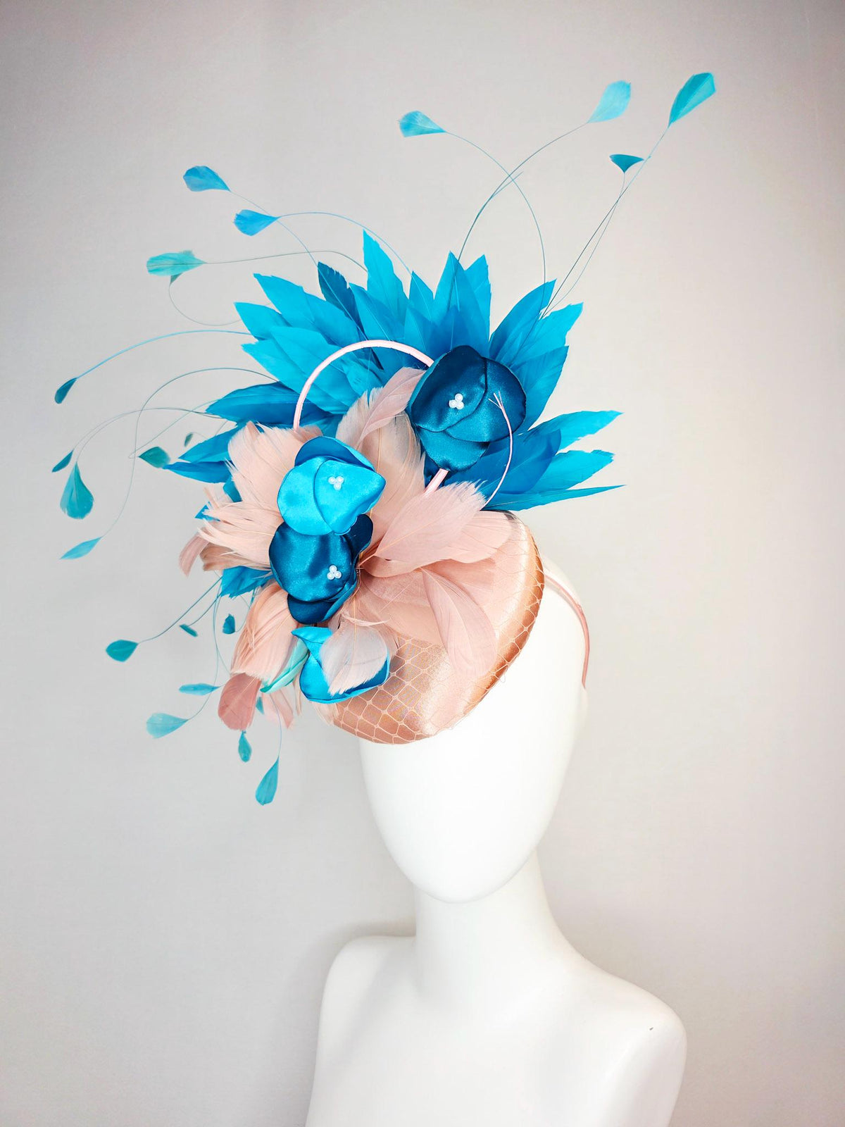 kentucky derby hat fascinator champagne beige satin with netting light dusty pink sky ocean blue feathers peacock turquoise satin flowers
