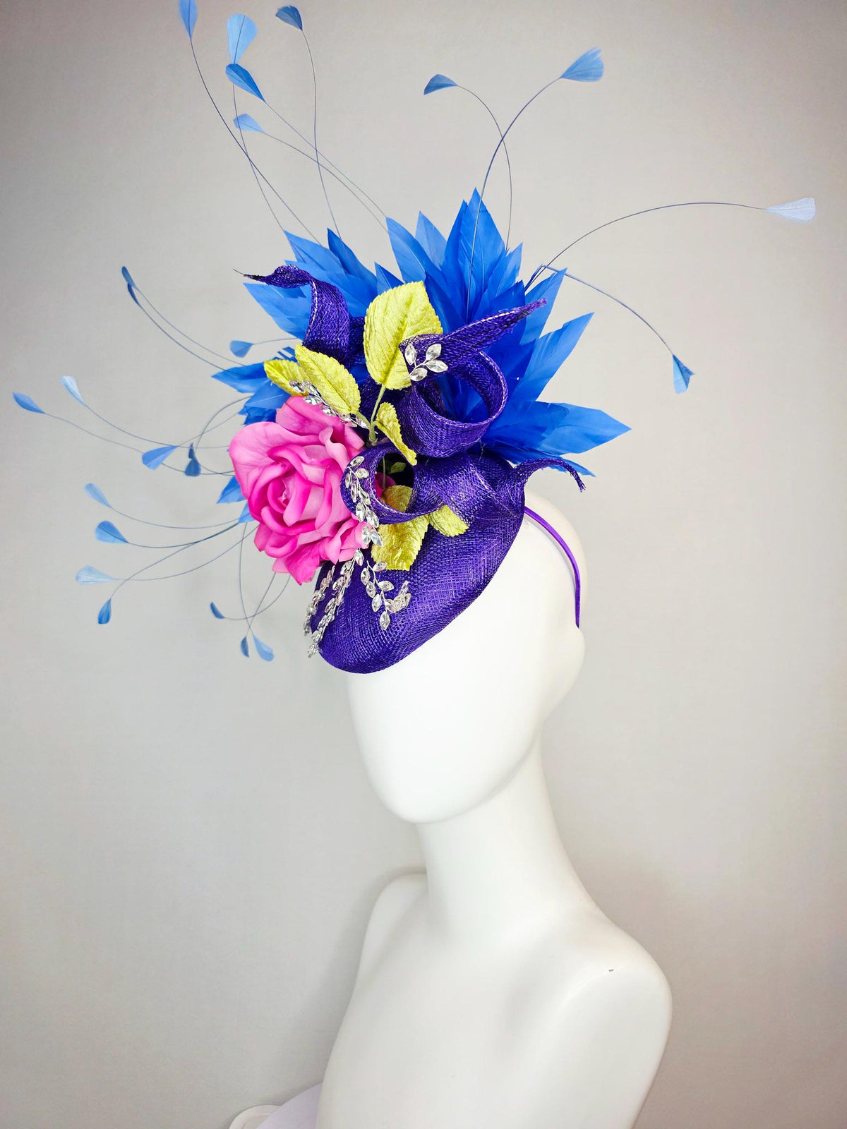 kentucky derby hat fascinator purple sinamay with curls leaf vine crystals pink satin rose mustard yellow leaves cobalt royal blue feathers