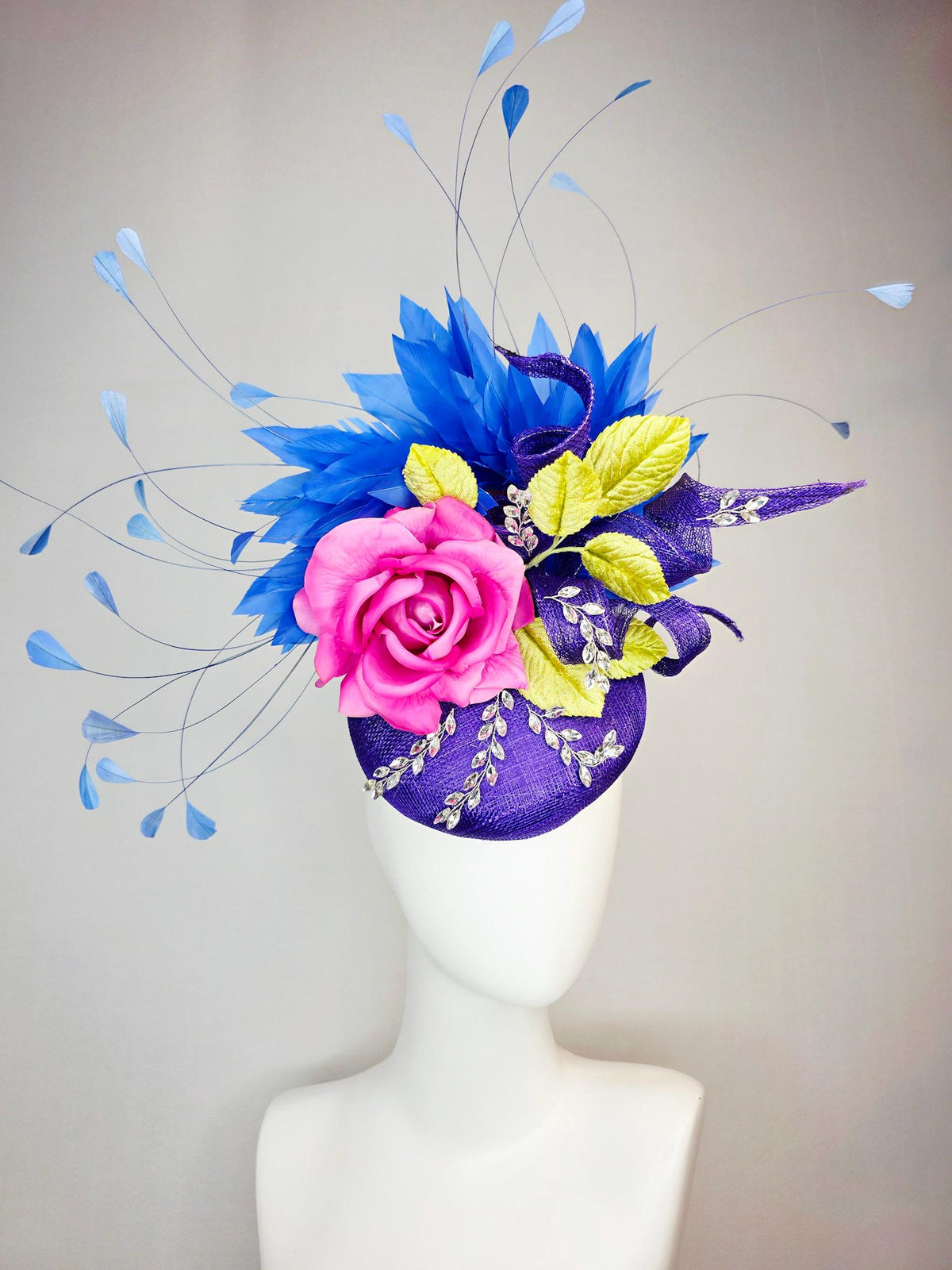 kentucky derby hat fascinator purple sinamay with curls leaf vine crystals pink satin rose mustard yellow leaves cobalt royal blue feathers