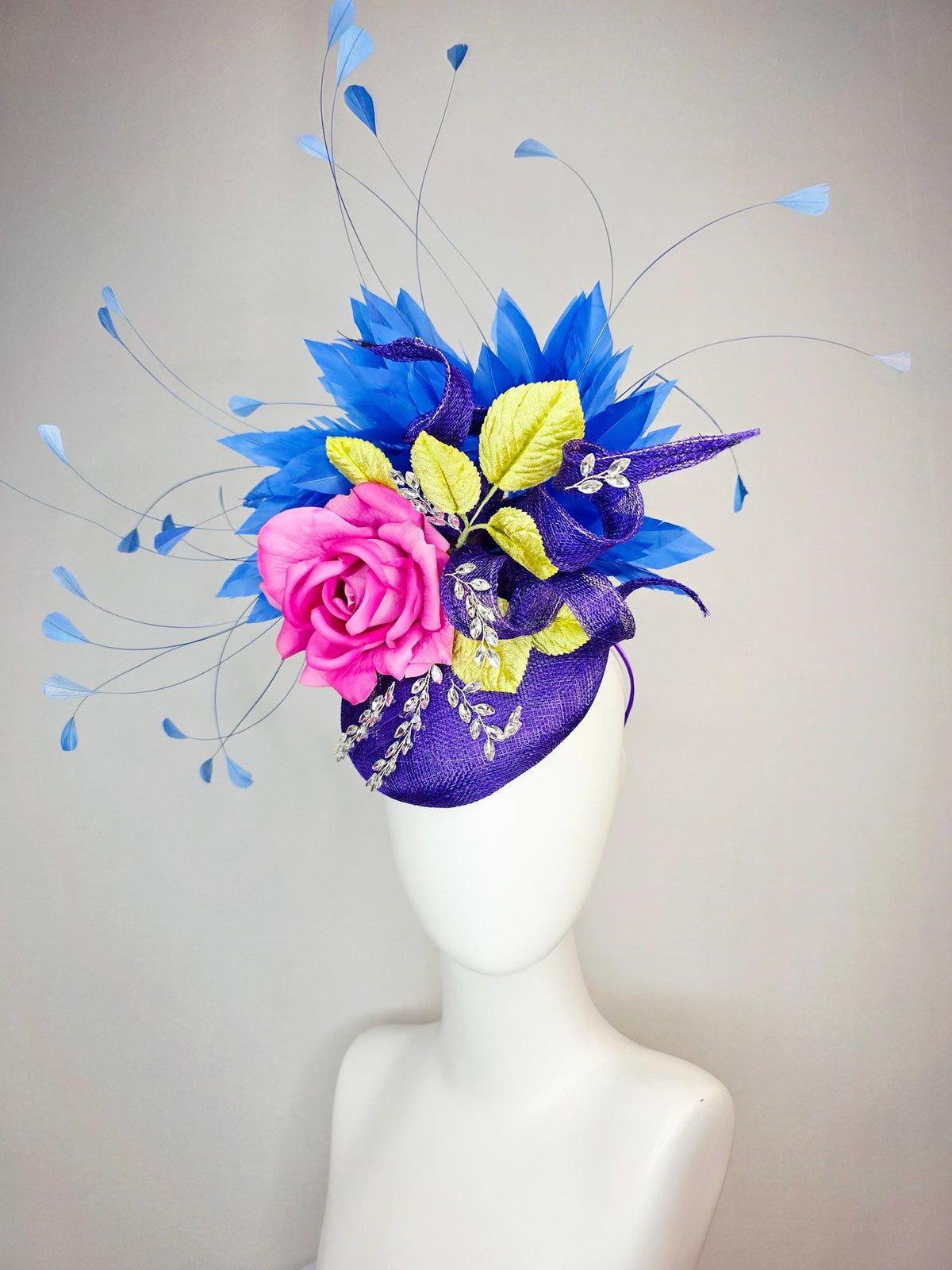 kentucky derby hat fascinator purple sinamay with curls leaf vine crystals pink satin rose mustard yellow leaves cobalt royal blue feathers