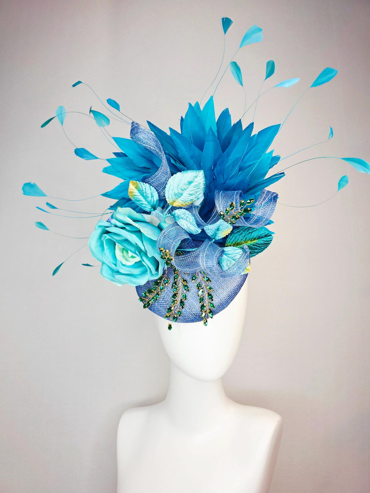 kentucky derby hat fascinator denim blue sinamay with curls leaf vine green crystals turquoise aqua blue satin rose sky ocean blue feathers