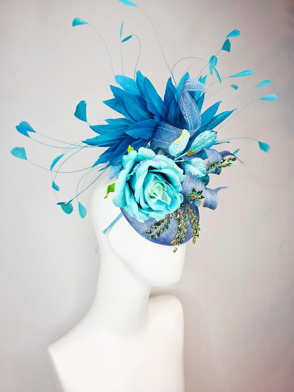 kentucky derby hat fascinator denim blue sinamay with curls leaf vine green crystals turquoise aqua blue satin rose sky ocean blue feathers