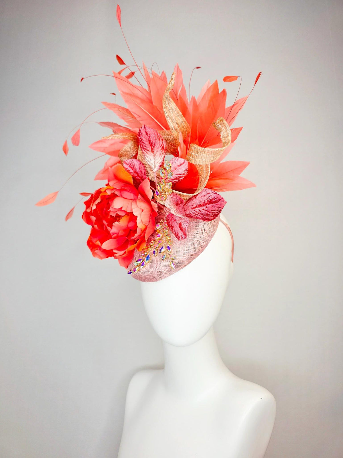 kentucky derby hat fascinator champagne pink sinamay beige curls leaf vine iridescent crystals red coral satin flower leaves orange feathers