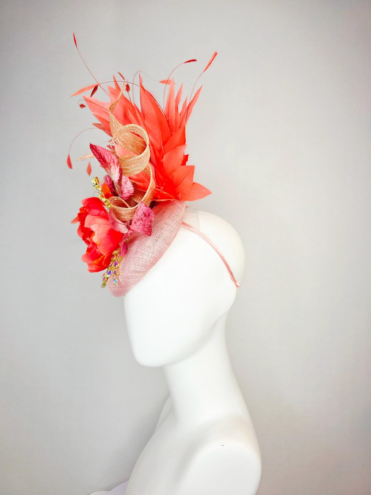 kentucky derby hat fascinator champagne pink sinamay beige curls leaf vine iridescent crystals red coral satin flower leaves orange feathers