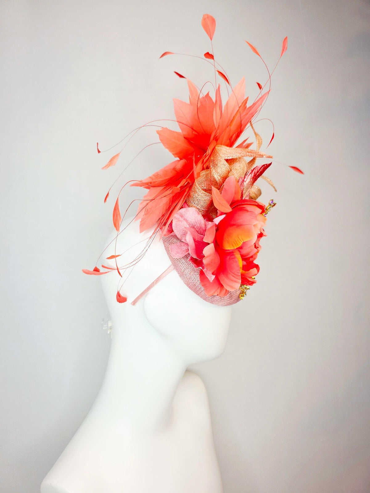 kentucky derby hat fascinator champagne pink sinamay beige curls leaf vine iridescent crystals red coral satin flower leaves orange feathers