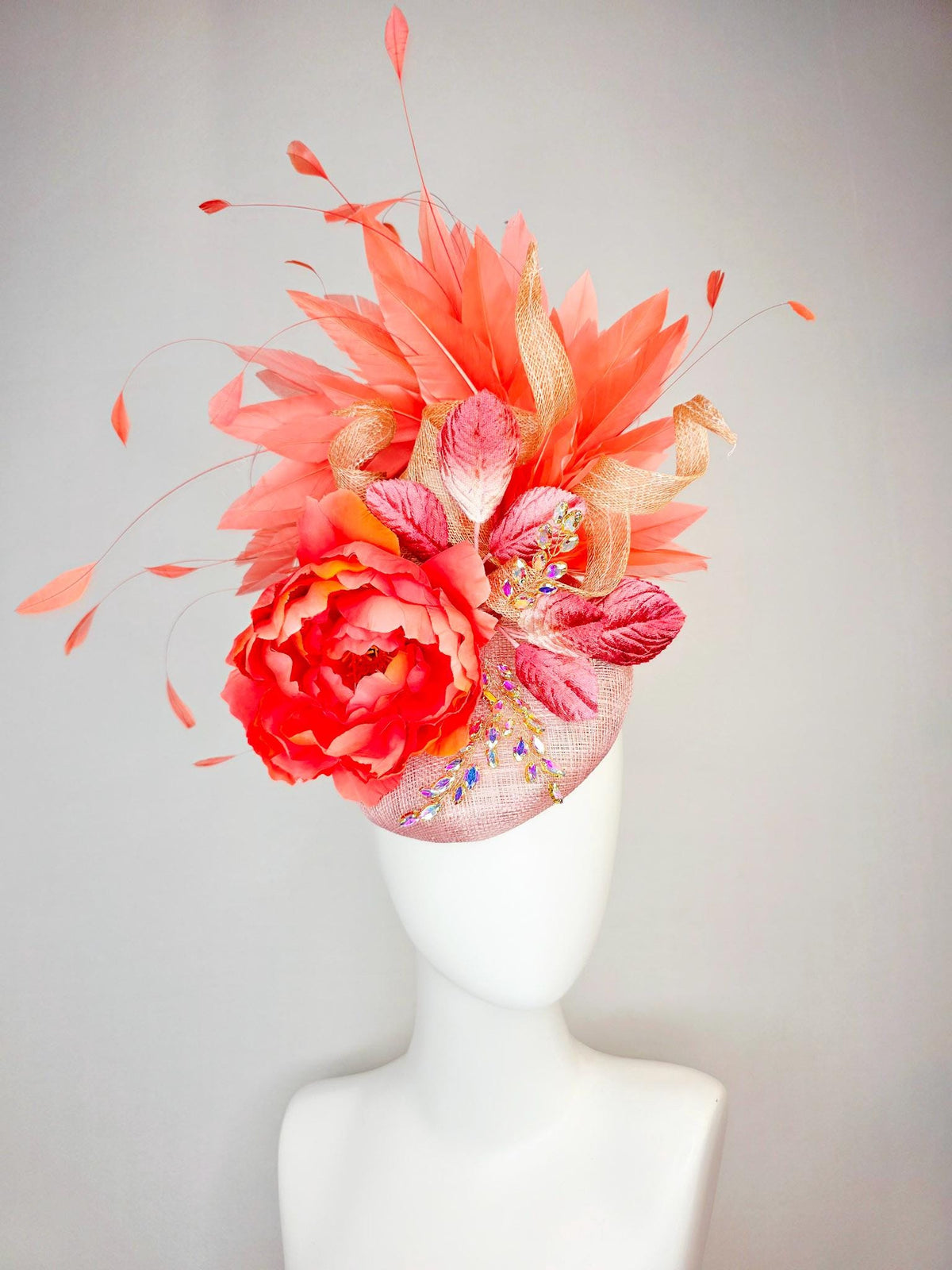 kentucky derby hat fascinator champagne pink sinamay beige curls leaf vine iridescent crystals red coral satin flower leaves orange feathers