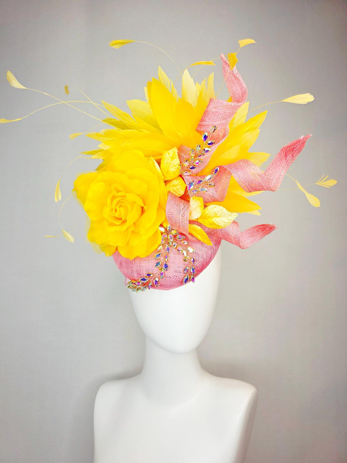 kentucky derby hat fascinator blush pink sinamay with curls leaf vine iridescent crystal rhinestone yellow satin rose yellow gold feathers