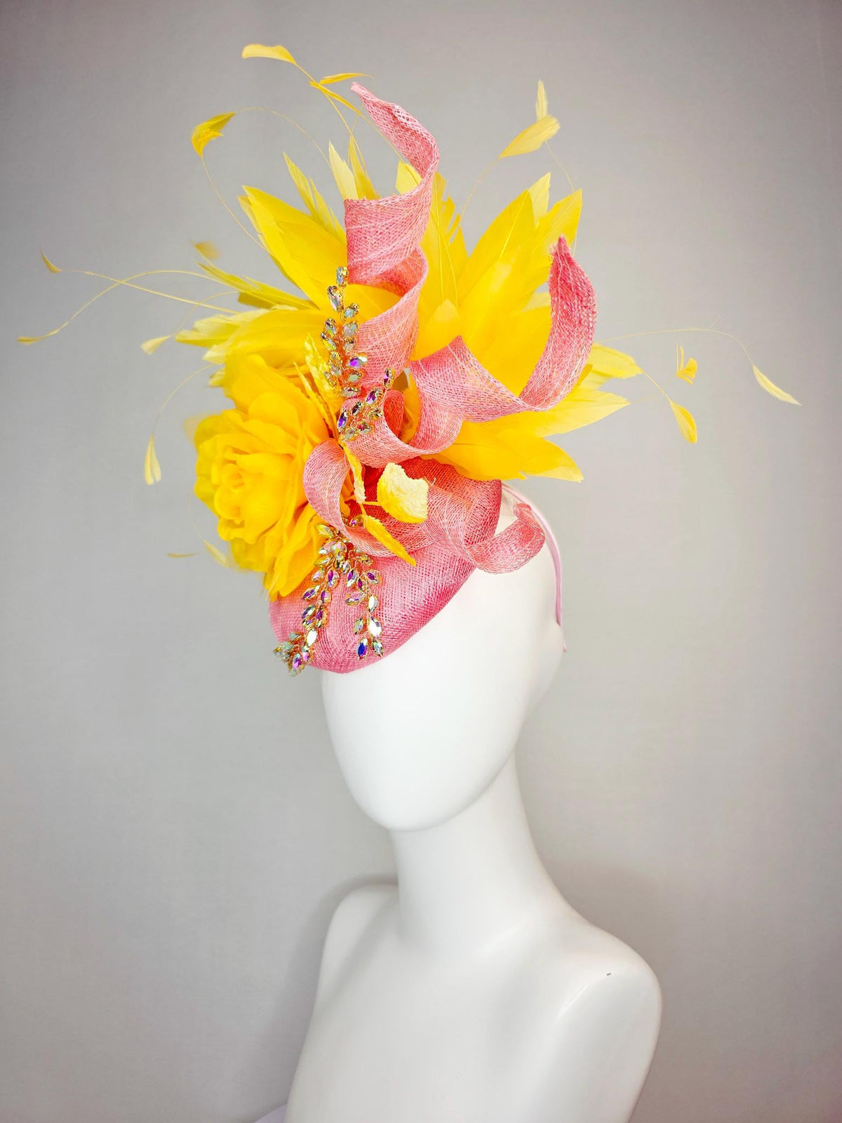 kentucky derby hat fascinator blush pink sinamay with curls leaf vine iridescent crystal rhinestone yellow satin rose yellow gold feathers