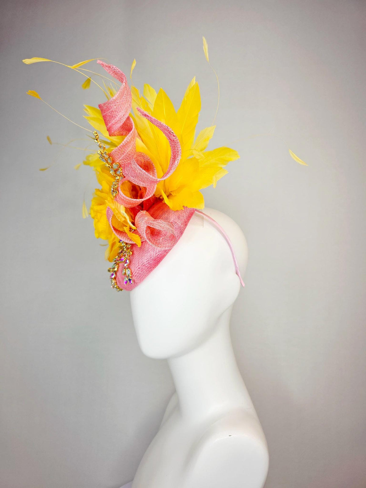 kentucky derby hat fascinator blush pink sinamay with curls leaf vine iridescent crystal rhinestone yellow satin rose yellow gold feathers