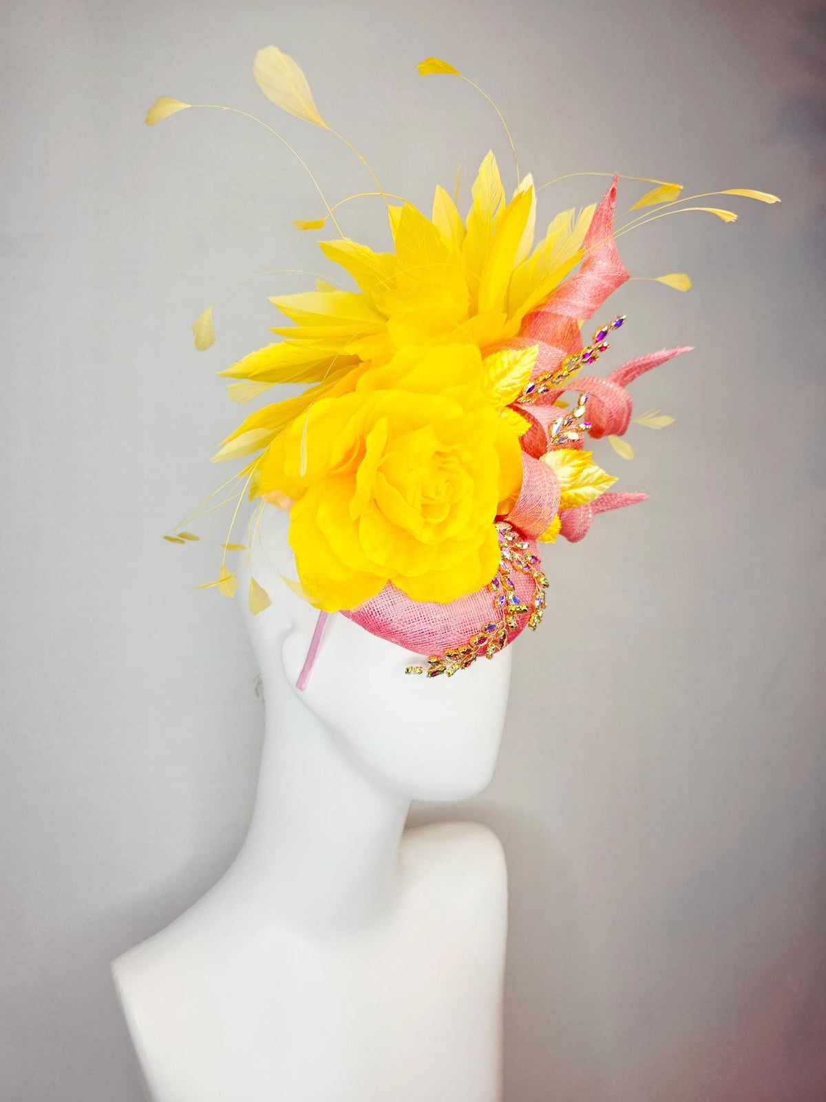 kentucky derby hat fascinator blush pink sinamay with curls leaf vine iridescent crystal rhinestone yellow satin rose yellow gold feathers