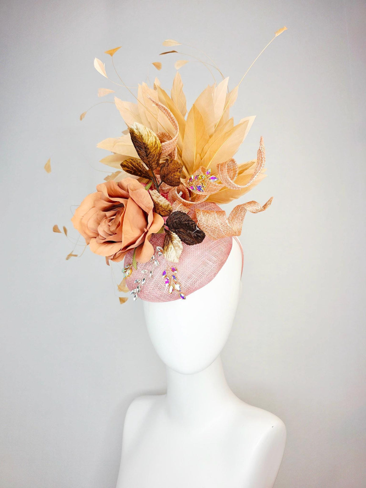 kentucky derby hat fascinator champagne pink sinamay curls leaf vine iridescent crystals brown leaves peach satin rose tan beige feathers