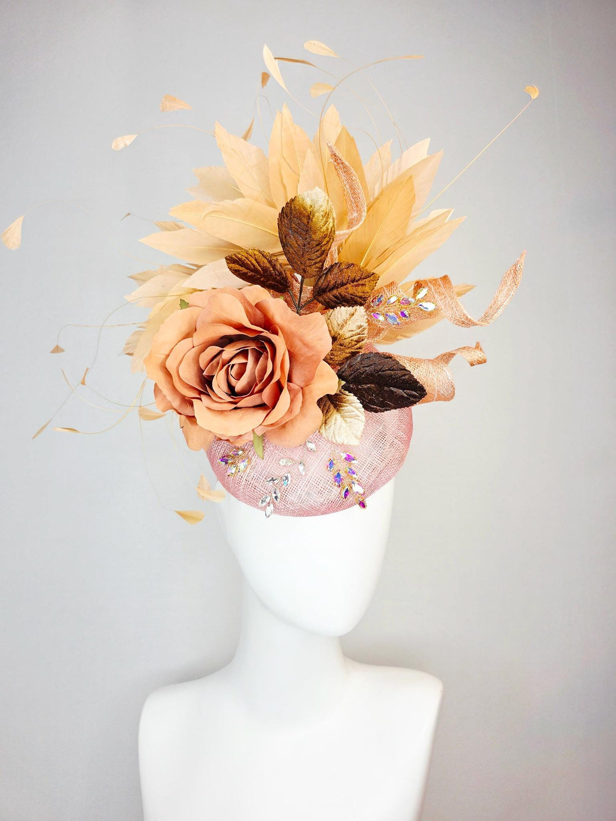 kentucky derby hat fascinator champagne pink sinamay curls leaf vine iridescent crystals brown leaves peach satin rose tan beige feathers