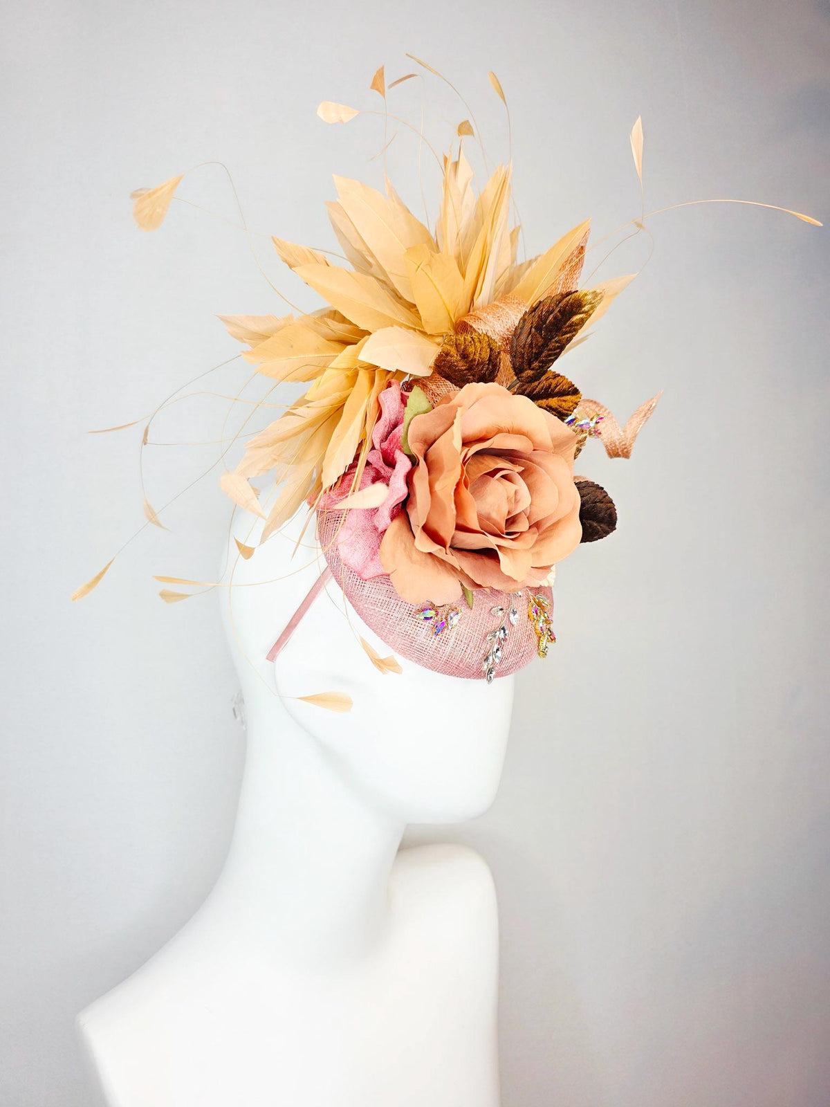 kentucky derby hat fascinator champagne pink sinamay curls leaf vine iridescent crystals brown leaves peach satin rose tan beige feathers
