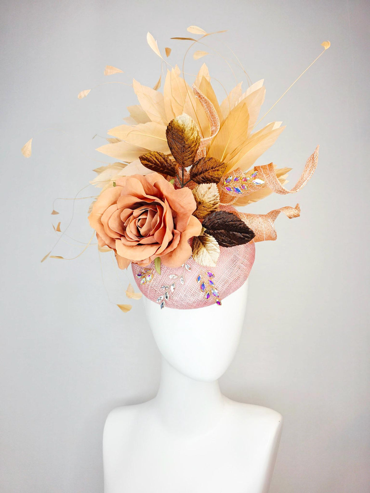 kentucky derby hat fascinator champagne pink sinamay curls leaf vine iridescent crystals brown leaves peach satin rose tan beige feathers
