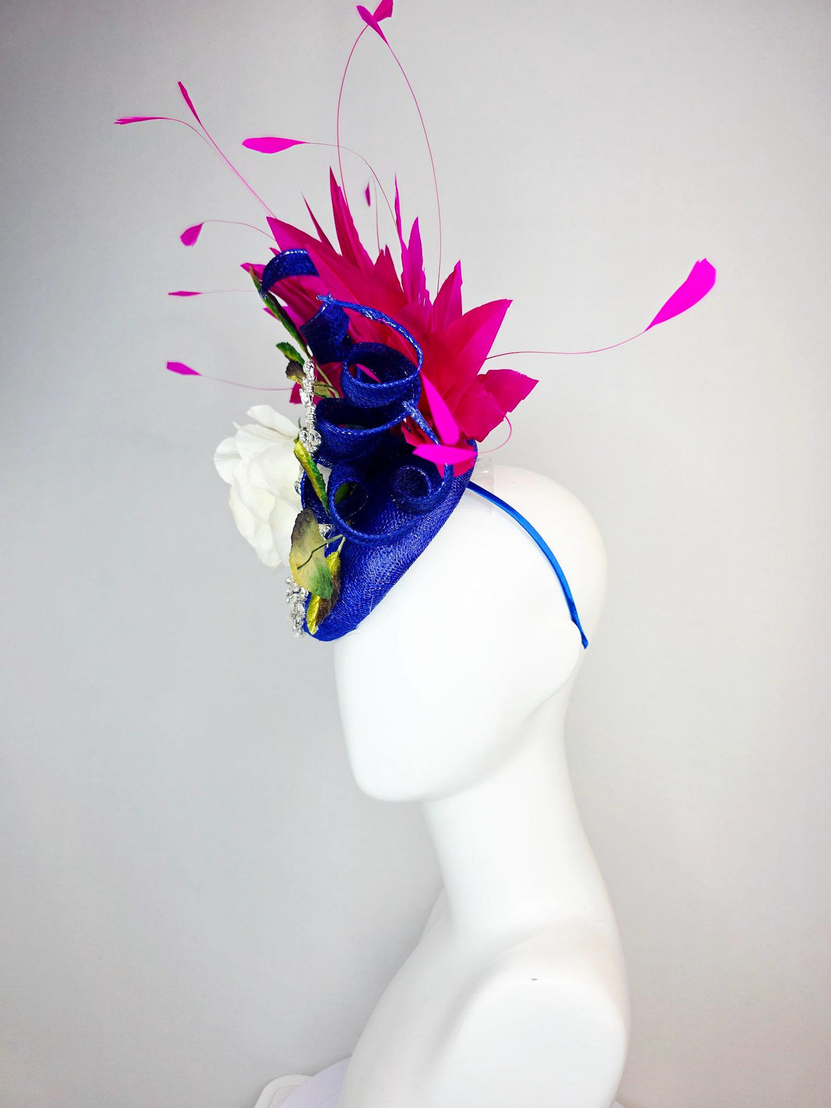 kentucky derby hat fascinator cobalt blue sinamay curls leaf vine crystals ivory white satin rose brown yellow green leaves pink feathers