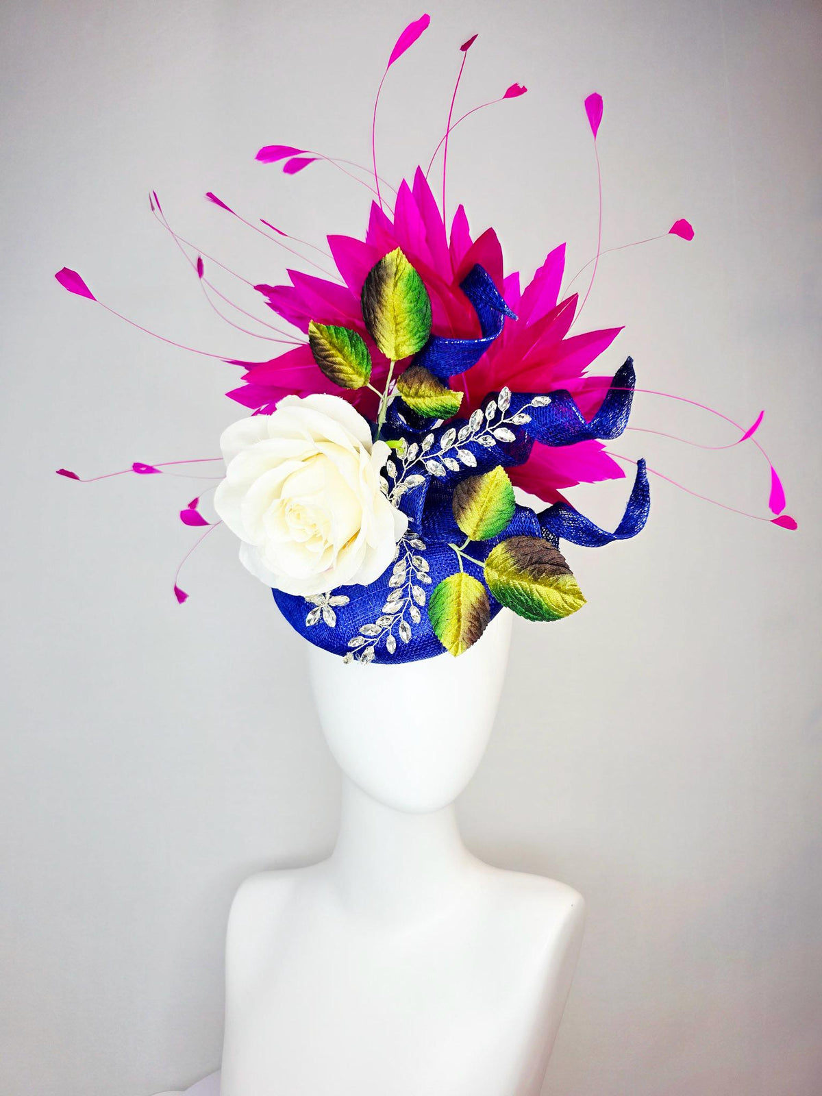 kentucky derby hat fascinator cobalt blue sinamay curls leaf vine crystals ivory white satin rose brown yellow green leaves pink feathers