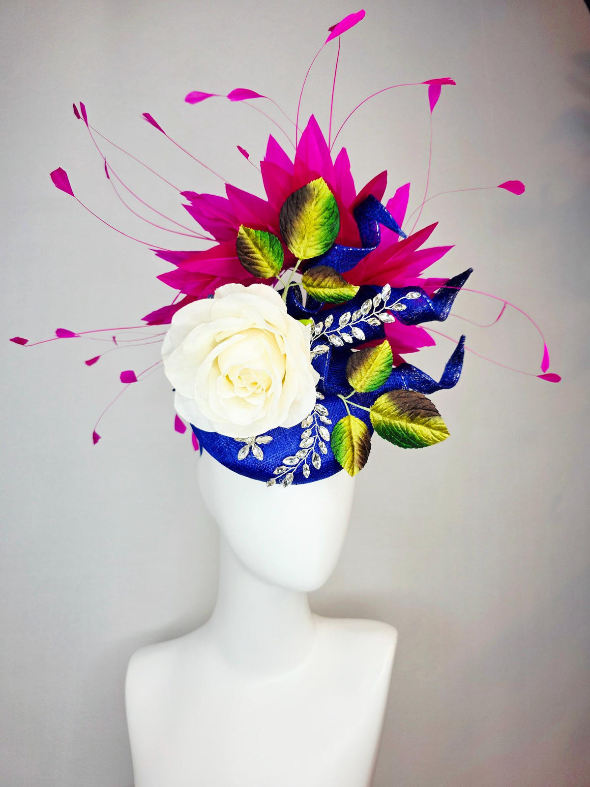 kentucky derby hat fascinator cobalt blue sinamay curls leaf vine crystals ivory white satin rose brown yellow green leaves pink feathers