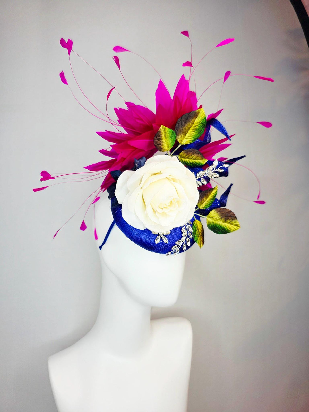 kentucky derby hat fascinator cobalt blue sinamay curls leaf vine crystals ivory white satin rose brown yellow green leaves pink feathers