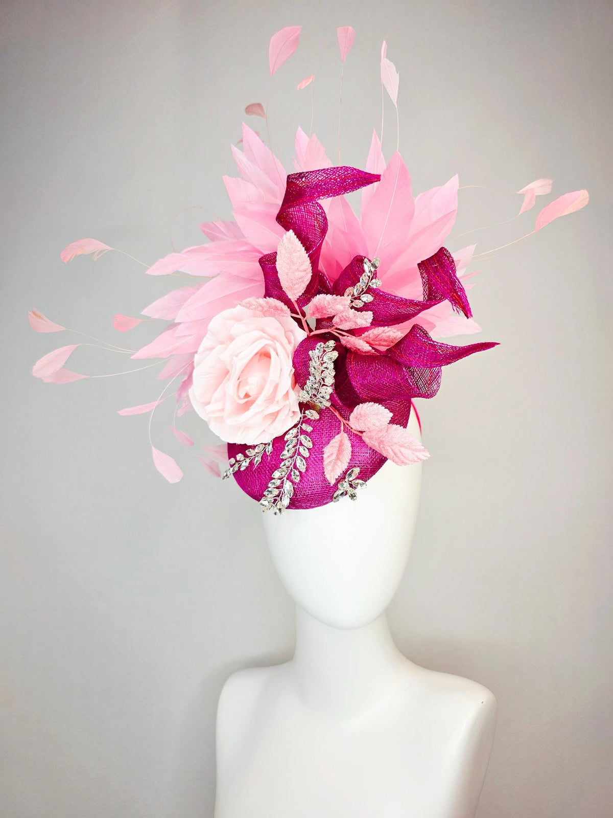 kentucky derby hat fascinator magenta pink sinamay with curls leaf vine clear crystal rhinestone light pink satin rose baby pink feathers