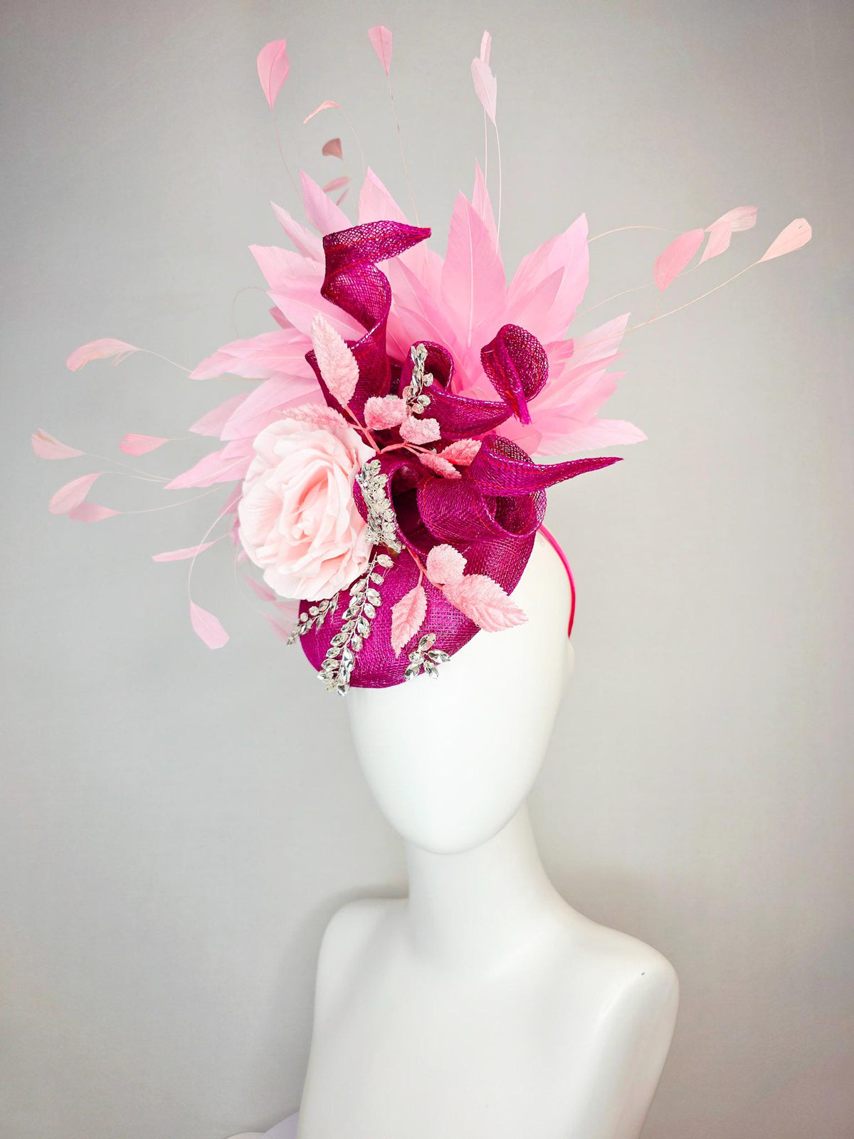 kentucky derby hat fascinator magenta pink sinamay with curls leaf vine clear crystal rhinestone light pink satin rose baby pink feathers