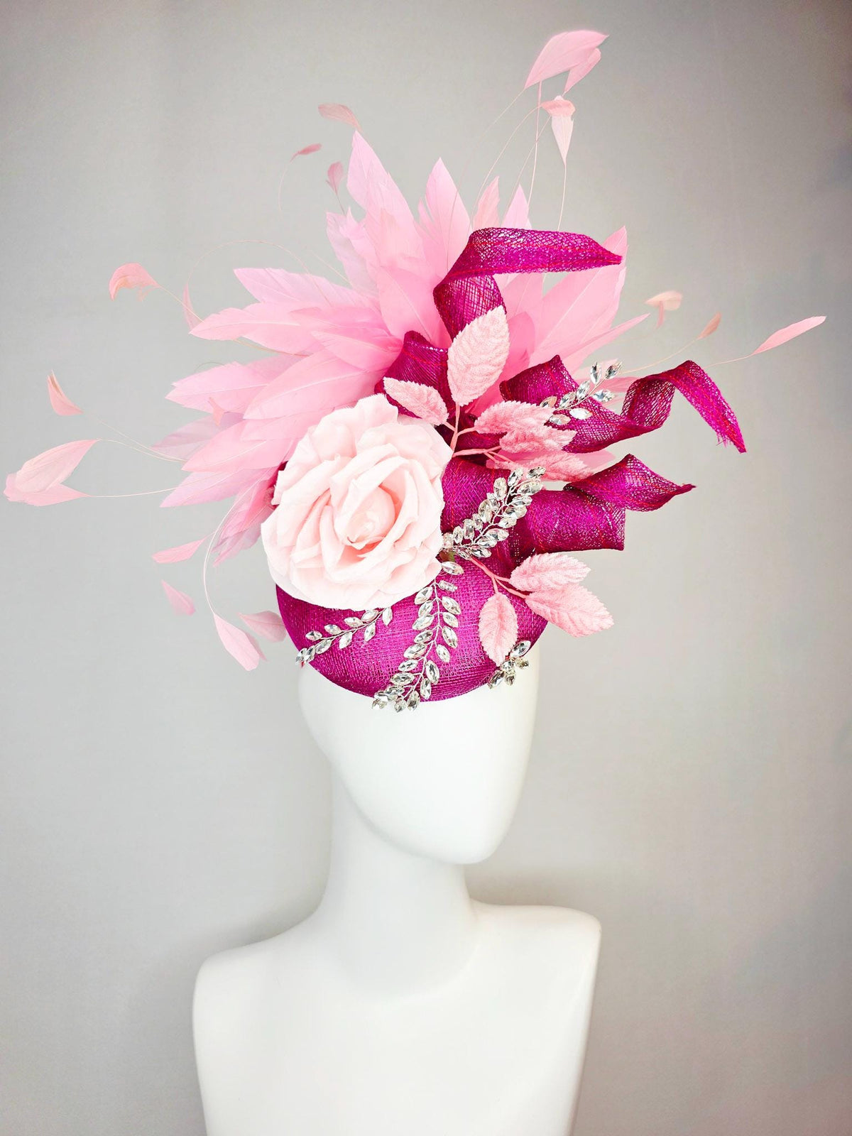 kentucky derby hat fascinator magenta pink sinamay with curls leaf vine clear crystal rhinestone light pink satin rose baby pink feathers