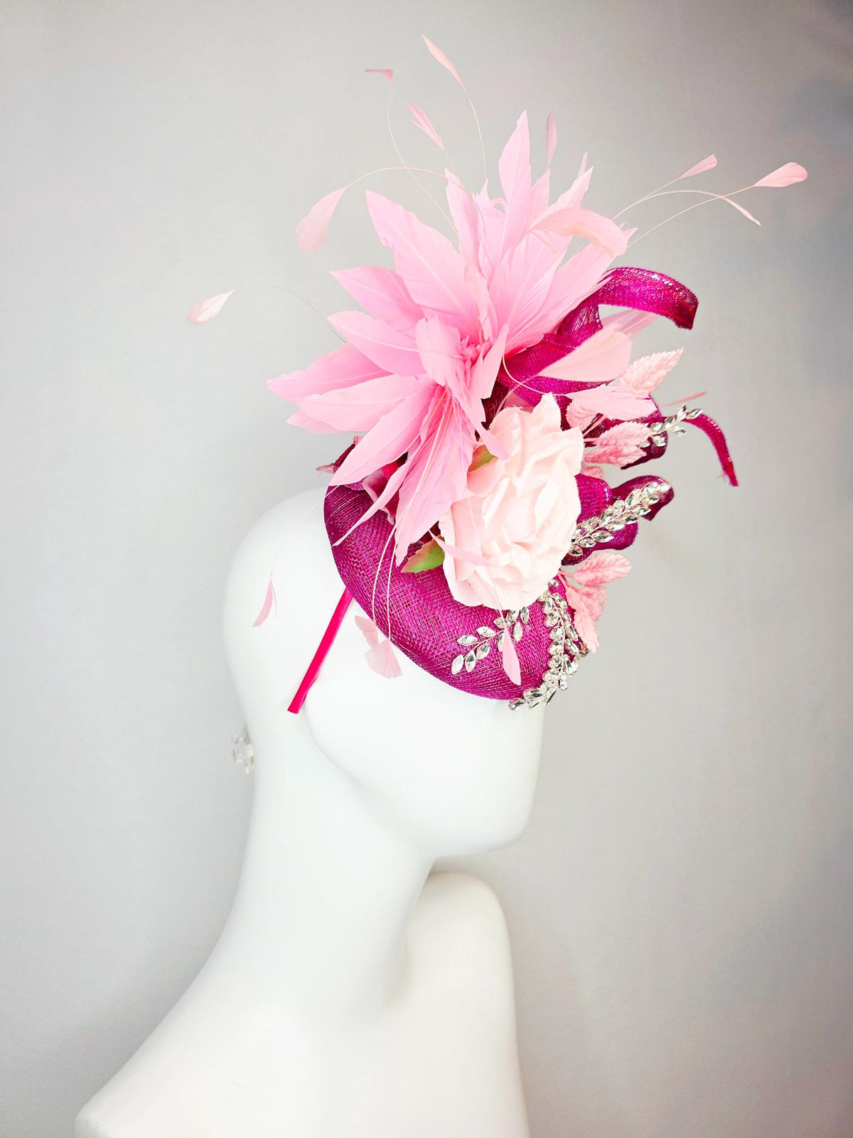 kentucky derby hat fascinator magenta pink sinamay with curls leaf vine clear crystal rhinestone light pink satin rose baby pink feathers