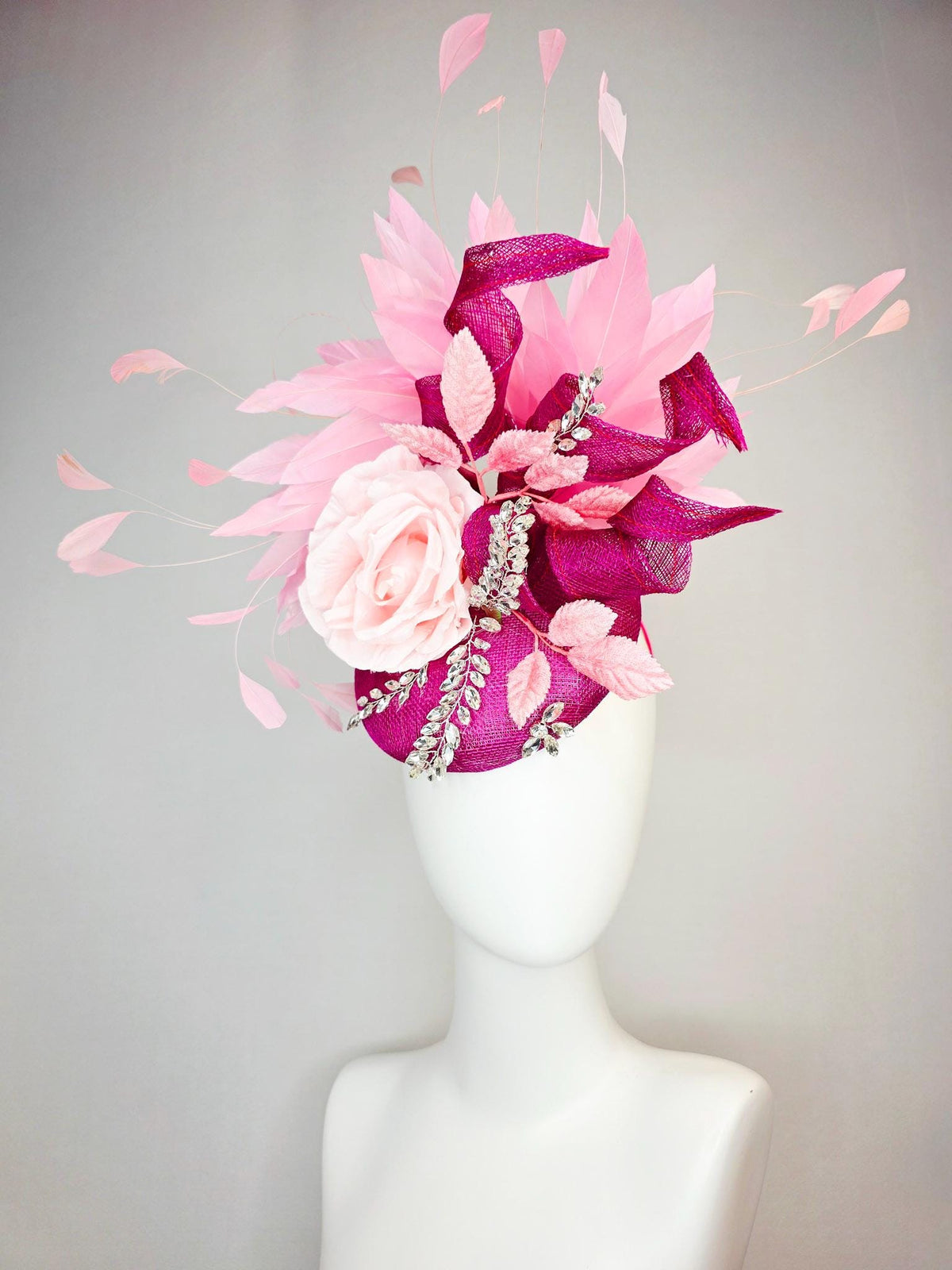 kentucky derby hat fascinator magenta pink sinamay with curls leaf vine clear crystal rhinestone light pink satin rose baby pink feathers
