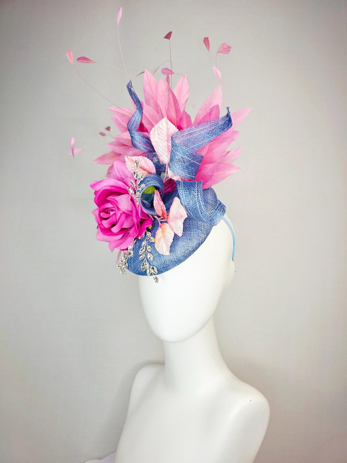 kentucky derby hat fascinator denim blue sinamay with curls leaf vine clear crystals pink satin rose light pink leaves blush pink feathers