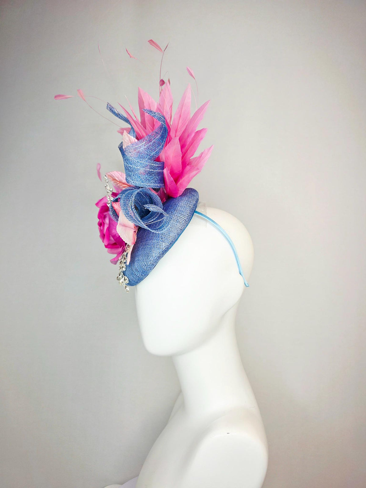 kentucky derby hat fascinator denim blue sinamay with curls leaf vine clear crystals pink satin rose light pink leaves blush pink feathers