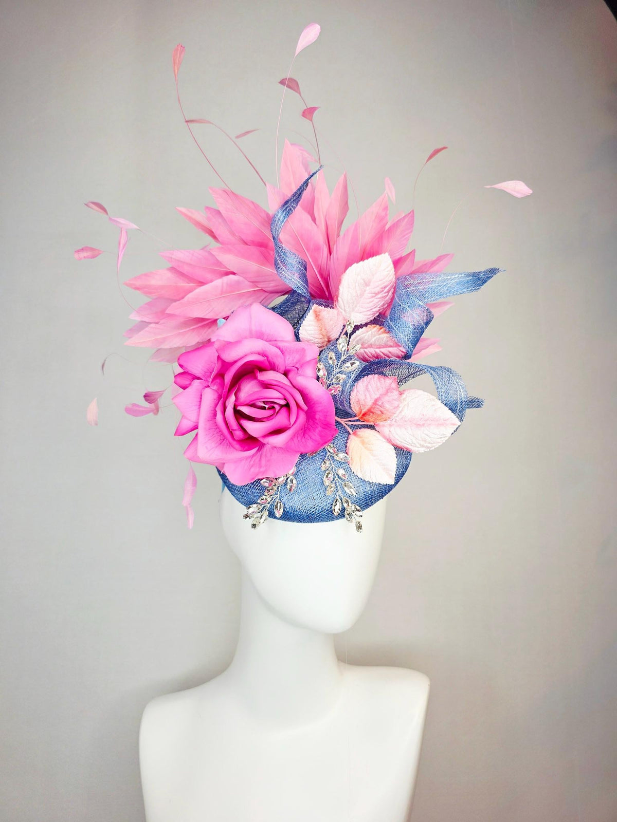 kentucky derby hat fascinator denim blue sinamay with curls leaf vine clear crystals pink satin rose light pink leaves blush pink feathers