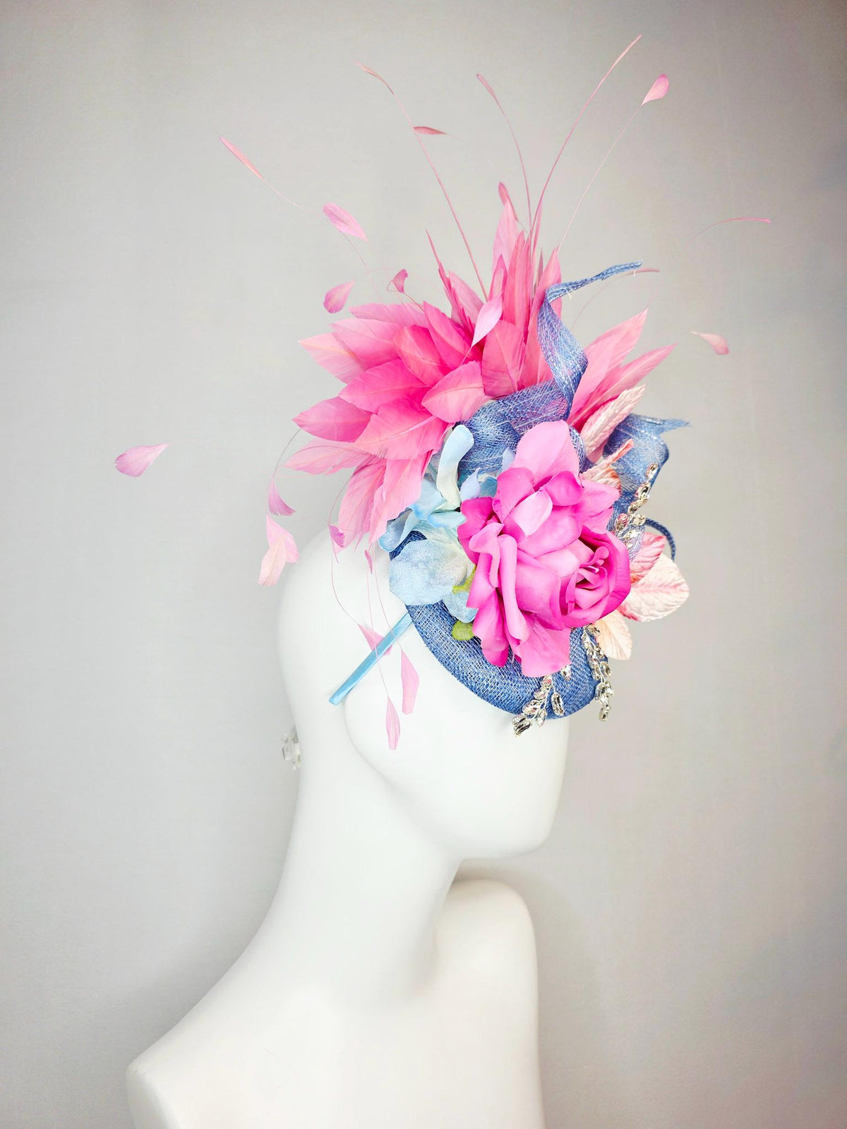 kentucky derby hat fascinator denim blue sinamay with curls leaf vine clear crystals pink satin rose light pink leaves blush pink feathers