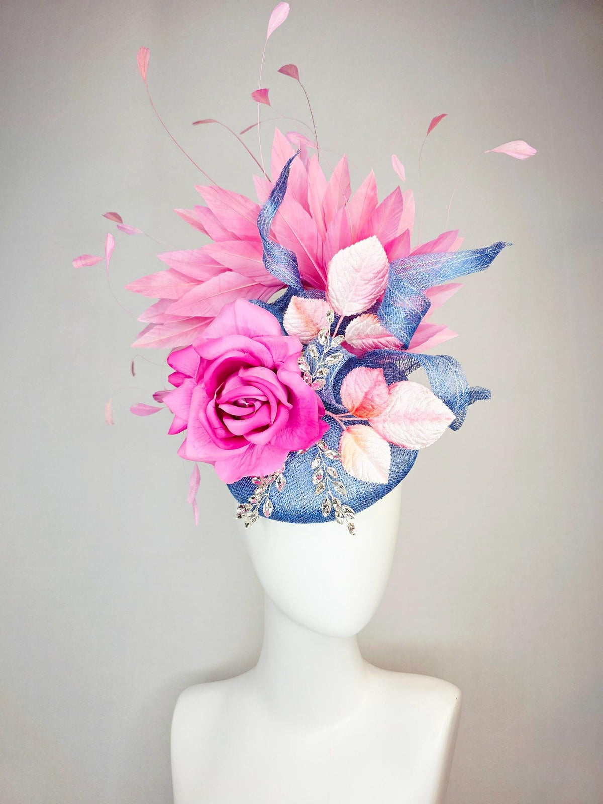 kentucky derby hat fascinator denim blue sinamay with curls leaf vine clear crystals pink satin rose light pink leaves blush pink feathers