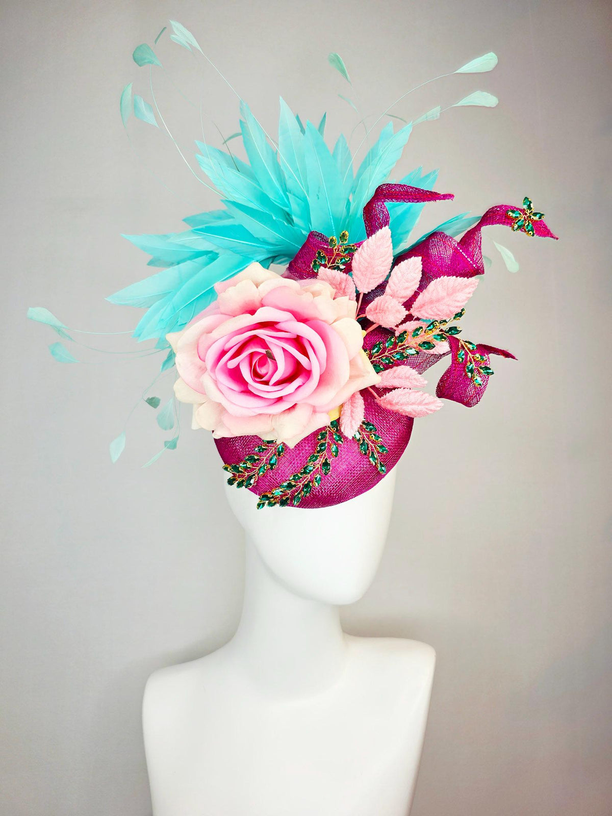 kentucky derby hat fascinator magenta pink sinamay with curls leaf vine green crystals ombre pink satin rose turquoise aqua blue feathers