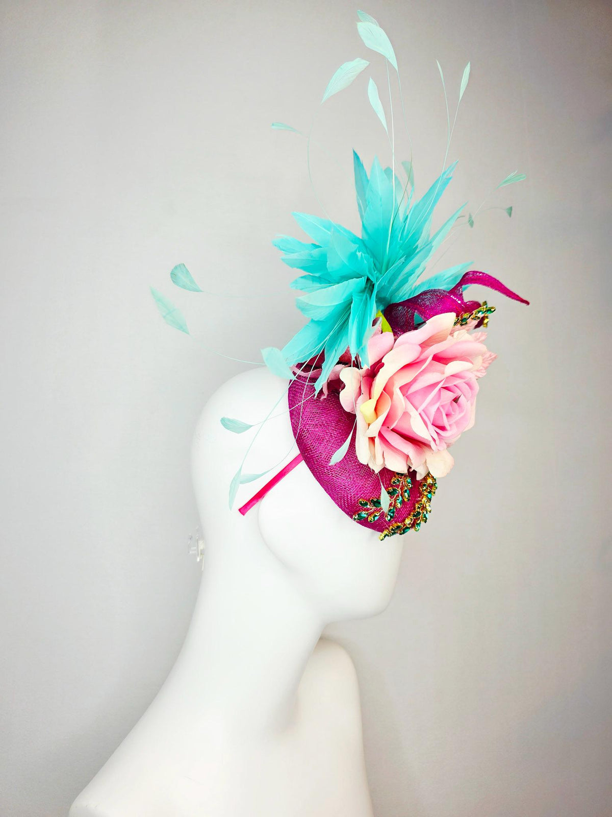 kentucky derby hat fascinator magenta pink sinamay with curls leaf vine green crystals ombre pink satin rose turquoise aqua blue feathers